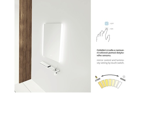 Štvorcové kúpeľňové zrkadlo s LED osvetlením a dotykovým senzorom