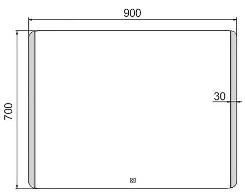 Technický výkres obdĺžnikového zrkadla s rozmermi 900 x 700 x 30 mm.