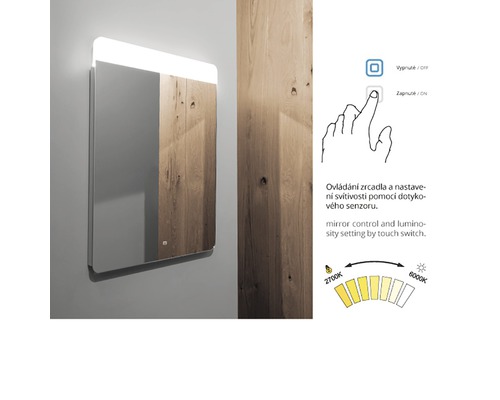 Osvetlené zrkadlo s dotykovým spínačom na ovládanie svetla a jasu.