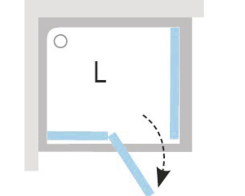 Ilustrácia sprchovacieho kúta s usporiadaním do tvaru L a dovnútra otváranými dverami.