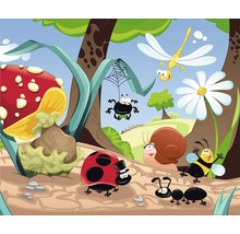 Ilustrácia scény s hmyzom, hubami a rastlinami