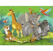 Ilustrácia rôznych zvierat z džungle, vrátane tigra, krokodíla, žirafy, slona, opice, nosorožca, gorily, zebry a papagája.