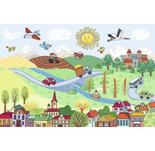Ilustrácia živej krajiny s vozidlami, domami a zvieratami.