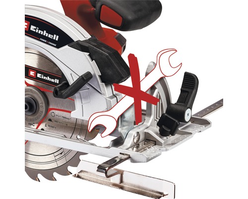 Logo spoločnosti Einhell. Obrázok ručnej okružnej píly so symbolom zákazu používania náradia.