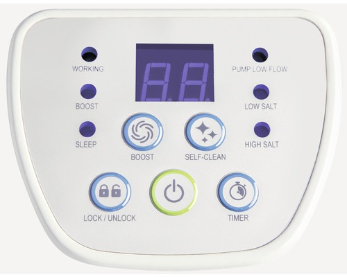 Ovládací panel vodného čerpadla s digitálnym displejom, tlačidlá pre posilnenie, samočistenie, časovač a zámok