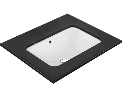 Umývadlo s obdĺžnikovým tvarom a čiernym okrajom.