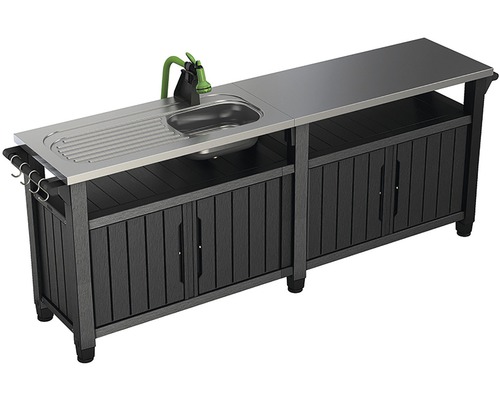Záhradný kuchynský drez s pultom, drezom a skriňou