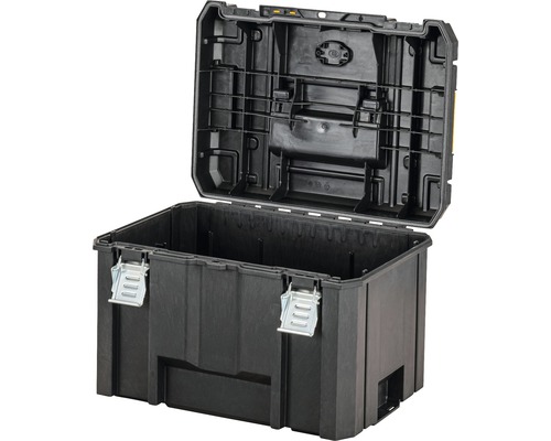 Otvorený čierny plastový box na náradie