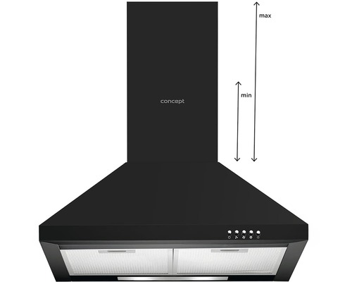 Čierny odsávač pár s uvedením minimálnej a maximálnej výšky.