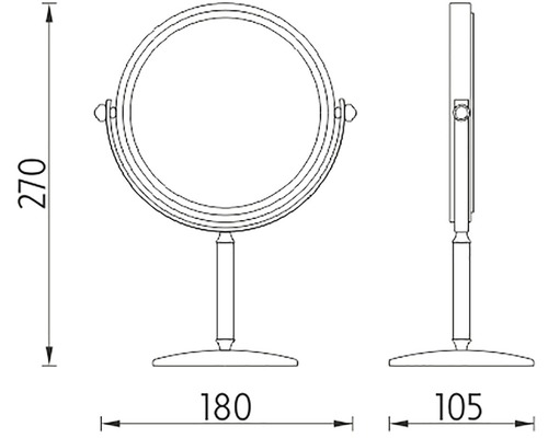 Technický nákres okrúhleho stojaceho zrkadla s rozmermi 270 x 180 x 105 milimetrov