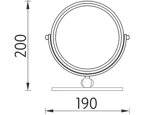 Technický nákres kozmetického zrkadla s rozmermi 200 krát 190 milimetrov.