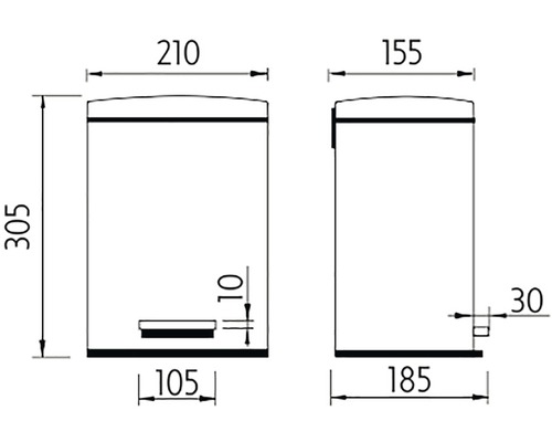 Technický nákres pedálového odpadkového koša s rozmermi
