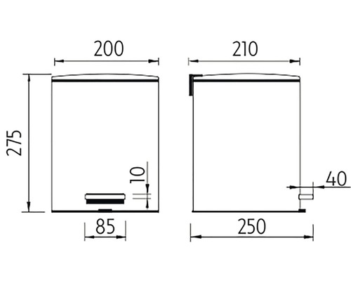 Technický nákres odpadkového koša s pedálom s rozmermi