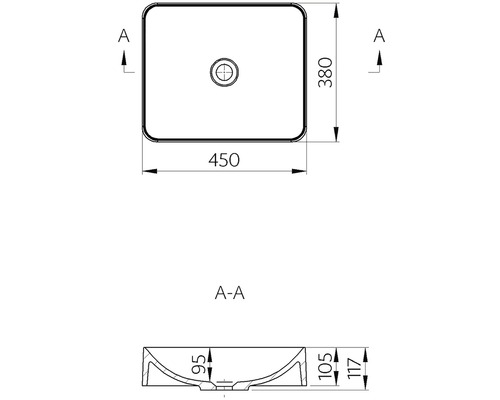 Technický nákres obdĺžnikového umývadla na dosku s rozmermi 450 x 380 mm