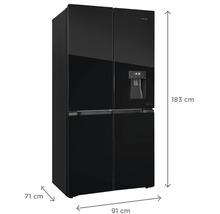 Čierna side-by-side chladnička s rozmermi 183 x 91 x 71 centimetrov.