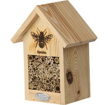 Drevený hmyzí hotel s motívom divokej včely a hniezdnymi trubkami