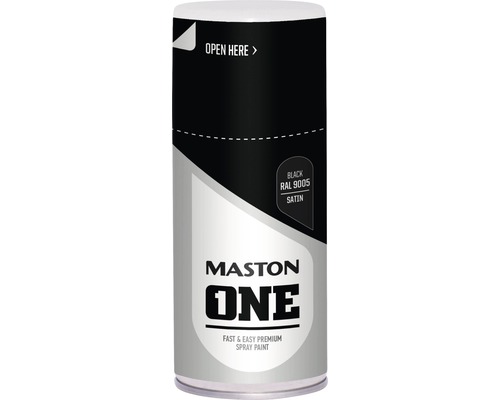 Lak v spreji Maston ONE Satin Black RAL9005 tmavočierny 150 ml Sprej Maston s nápisom One, farba čierna RAL 9005, polomatná