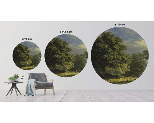 Tri okrúhle nástenné maľby s motívom lesa v rôznych veľkostiach, priemer 95 cm, 142,5 cm a 190 cm