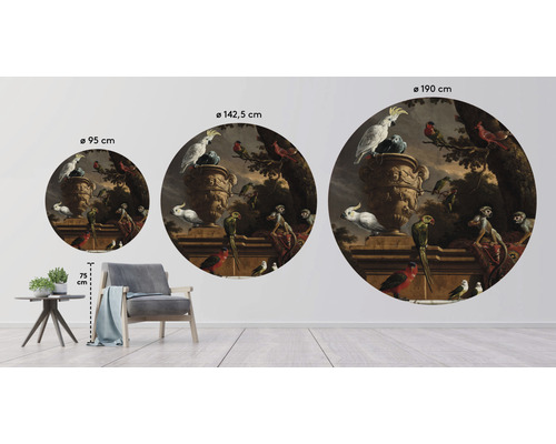 Ilustrácia samolepiek na stenu s motívmi vtákov a opíc v rôznych veľkostiach, usporiadané v miestnosti s nábytkom.