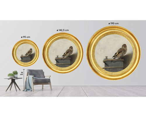 Tri okrúhle nástenné obrazy s motívom vtáka v zlatých rámoch v rôznych veľkostiach