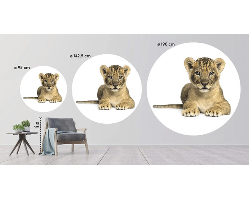 Nálepka na stenu s levíčatom v rôznych veľkostiach zobrazená v obývacej izbe