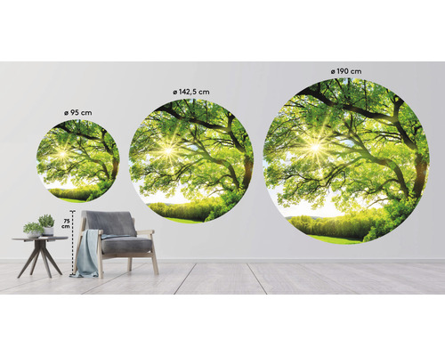 Tri okrúhle nástenné maľby so stromom a slnečným svitom vo veľkostiach 95 cm, 142,5 cm a 190 cm