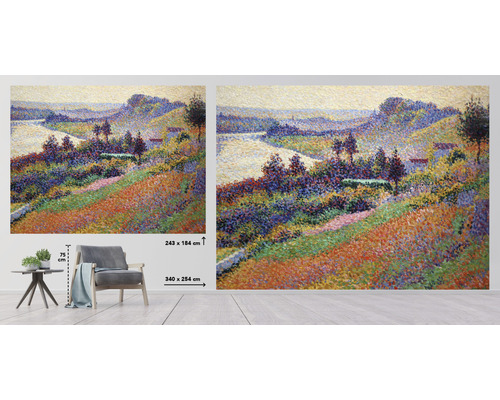 Nástenná maľba s motívom krajiny v pointilistickom štýle, rozmery 243 x 184 centimetrov a 340 x 254 centimetrov
