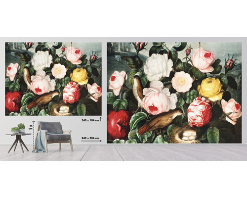Nástenná maľba s ružami, vtákmi a vtáčím hniezdom