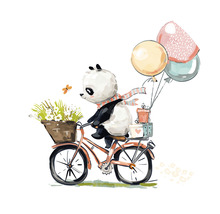 Ilustrácia pandy na bicykli s kvetmi a balónmi