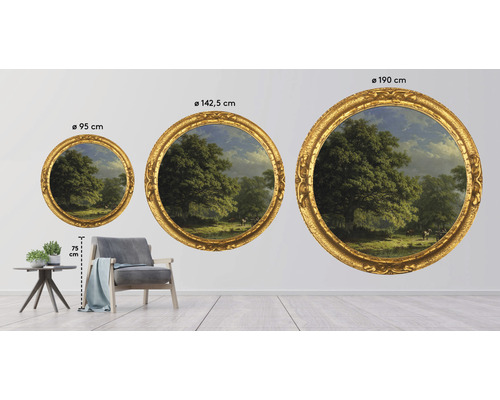 Tri okrúhle obrazy so zlatými rámami a krajinnými motívmi, veľkosti 95 cm, 142,5 cm a 190 cm