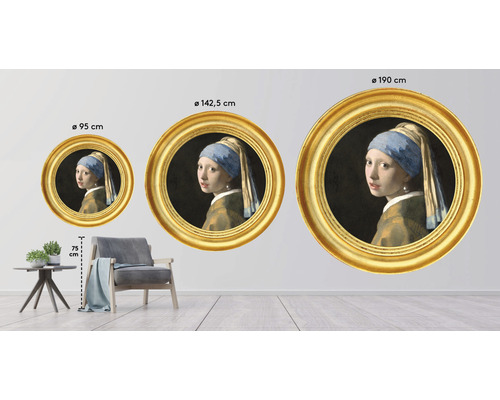 Tri okrúhle nástenné maľby so zlatým rámom a obrazom Dievča s perlou, rozmery 95 cm, 142,5 cm a 190 cm