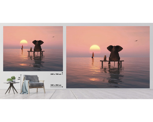 Fototapeta s motívom slona a surikaty na morskom móle pri západe slnka, údaje o veľkosti