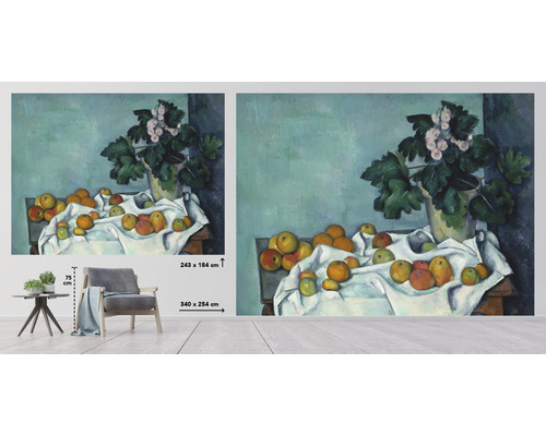 Nástenná maľba so zátiším, pozostávajúca z ovocia a črepníkovej rastliny