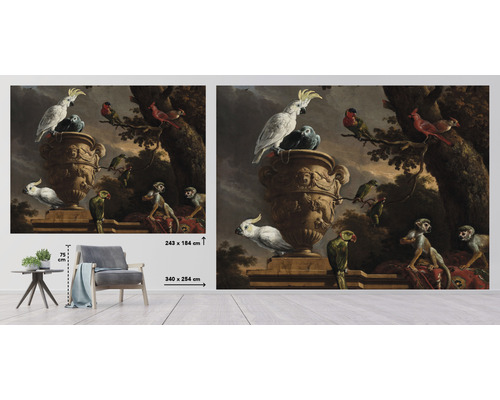 Nástenná maľba s opicami a vtákmi v štýle vintage, 340 x 254 centimetrov