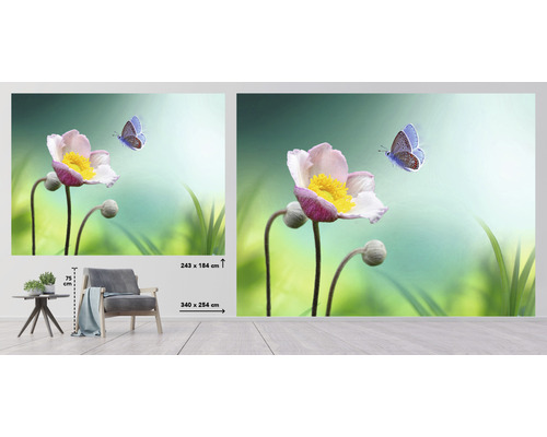 Foto tapeta s kvetinovým motívom a motýľom