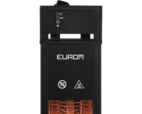 Detail elektrického ohrievača Eurom s ovládacími prvkami, bezpečnostnými upozorneniami a logom spoločnosti