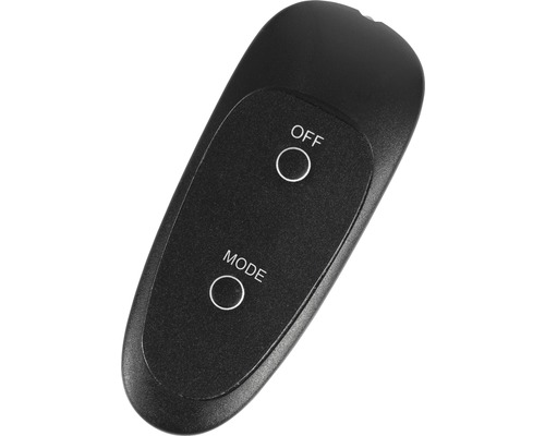 Čierne diaľkové ovládanie s nápismi ''Off'' a ''Mode''.