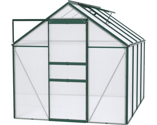 Skleník s polykarbonátovými doskami a otvorenými dverami