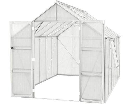 Skleník s otvorenými dverami a oknom na pestovanie rastlín