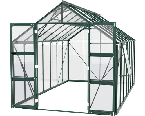 Skleník s otvorenými dverami a oknom na pestovanie rastlín