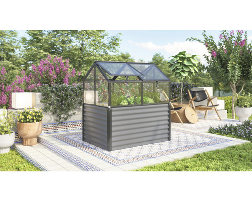 Vyvýšený záhon Vitavia Gamma 126,7x89x134,5 cm čierny vr. skleneného pareniska Vyvýšený záhon so skleníkovým nadstavcom v záhrade