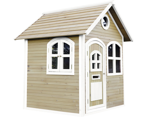 Drevený domček na hranie s dverami a oknami