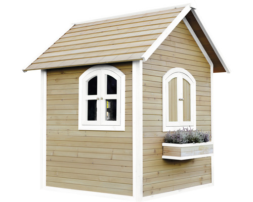 Drevený domček na hranie s dvoma oknami a kvetinovou debničkou