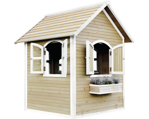 Drevený hrací domček s oknami a kvetinovým boxom