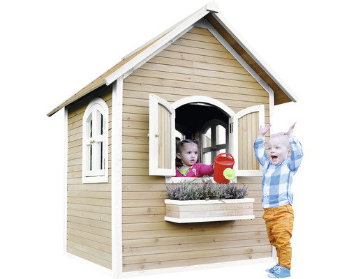 Drevený hrací domček s dvoma deťmi, jedno s kanvou