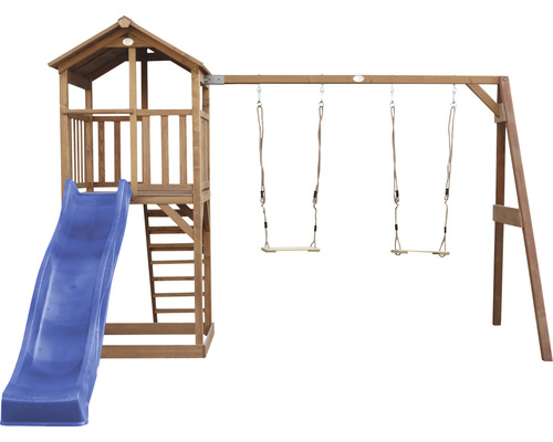 Drevená hracia veža so šmýkačkou a hojdačkou