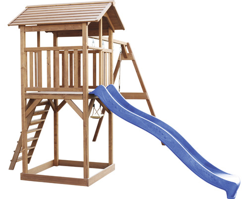 Drevená hracia veža so šmýkačkou, rebríkom a hojdačkou
