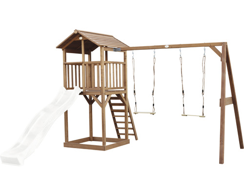 Drevená hracia veža so šmýkačkou a hojdačkou