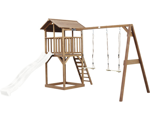 Drevená hracia veža so šmýkačkou a hojdačkou