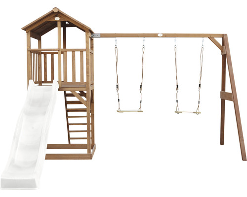 Drevená hracia veža so šmýkačkou a hojdačkou